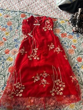 Red Embroidered Girls' Traditional Dress